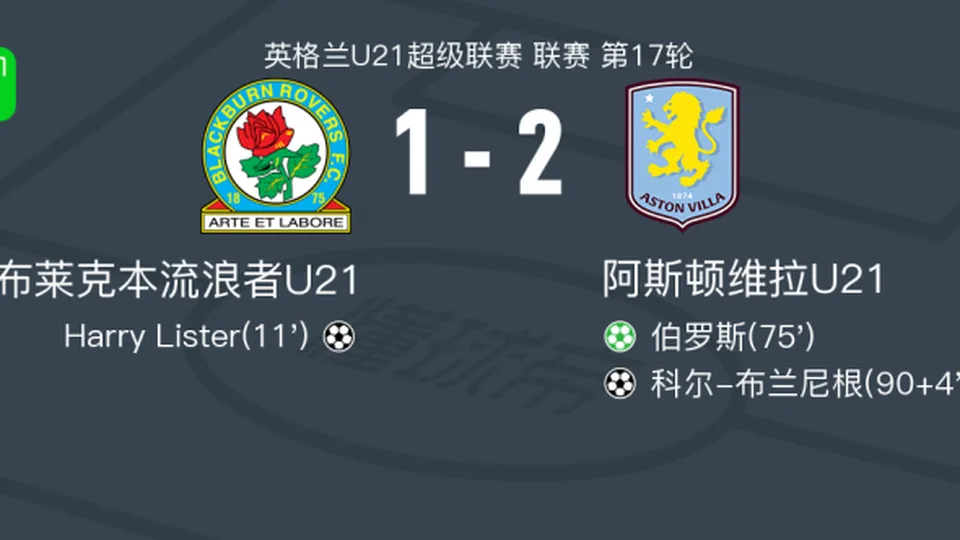 阿斯顿维拉U21 2-1逆转布莱克本U21，科尔-布兰尼根破门，伯罗斯点射