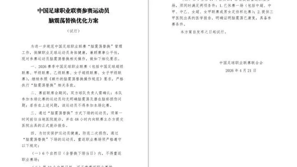 根据媒体报道，中足联近日针对职业联赛脑震荡替换出...