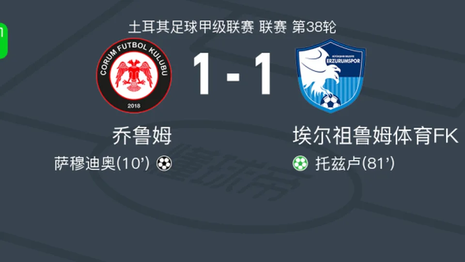 乔鲁姆1-1埃尔祖鲁姆体育FK，萨穆迪奥先拔头筹，托兹卢扳平