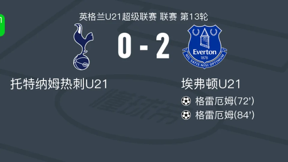 埃弗顿U21 2-0托特纳姆热刺U21，格雷厄姆包办2球