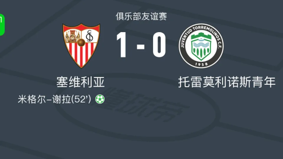 塞维利亚1-0托雷莫利诺斯青年，米格尔-谢拉点射制胜