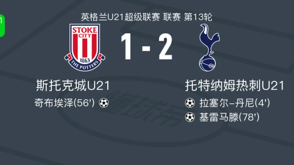 托特纳姆热刺U21 2-1斯托克城U21，基雷马滕破门，拉塞尔-丹尼建功