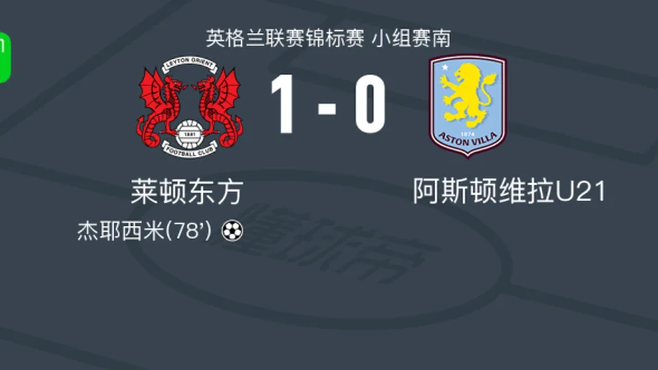 莱顿东方1-0阿斯顿维拉U21，杰耶西米打进全场唯一进球