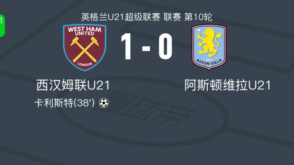 西汉姆联U21 1-0阿斯顿维拉U21，卡利斯特一剑封喉